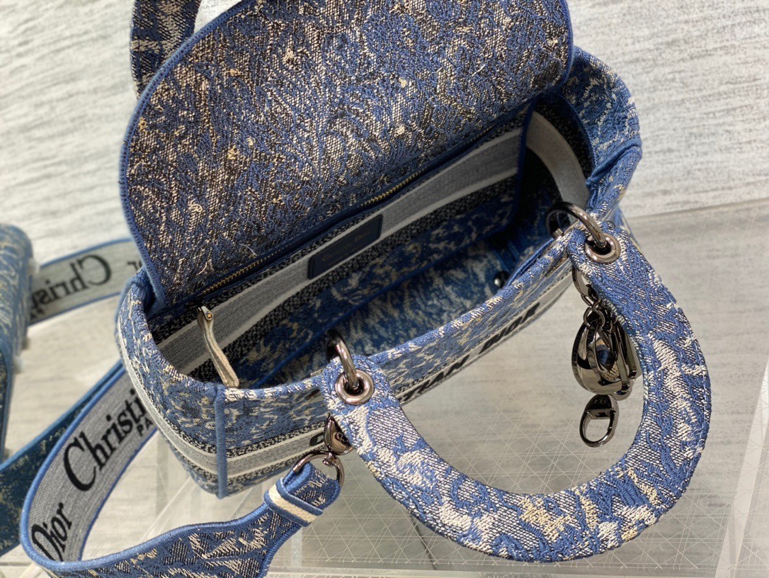 Dior Medium Lady D-Lite Bag In Blue Brocart Denim-Effect Embroidery 323