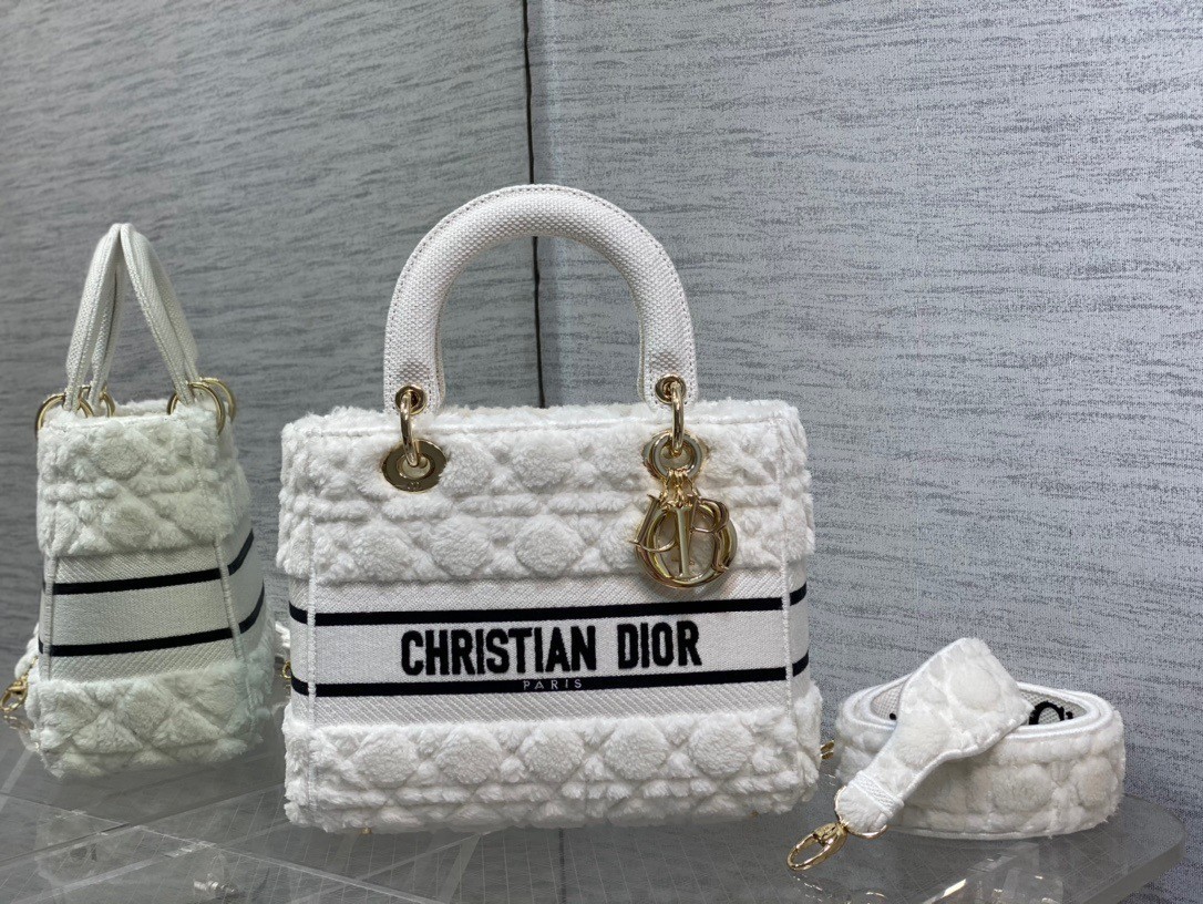 Dior Medium Lady D-Lite Bag In White Cannage Shearling 365