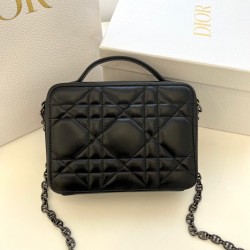 Dior Caro Box Bag with Chain in Black Macrocannage Calfskin 393