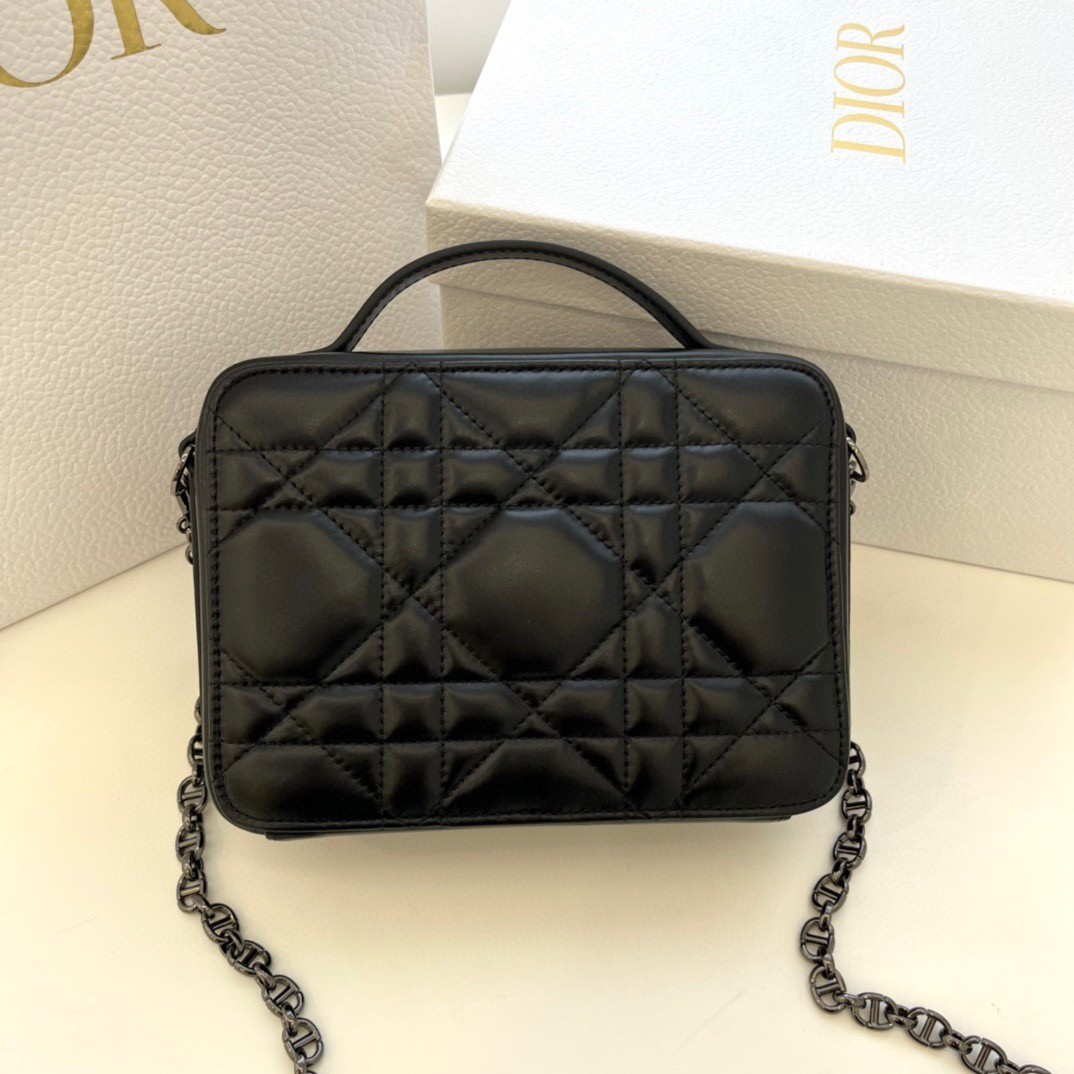 Dior Caro Box Bag with Chain in Black Macrocannage Calfskin 393