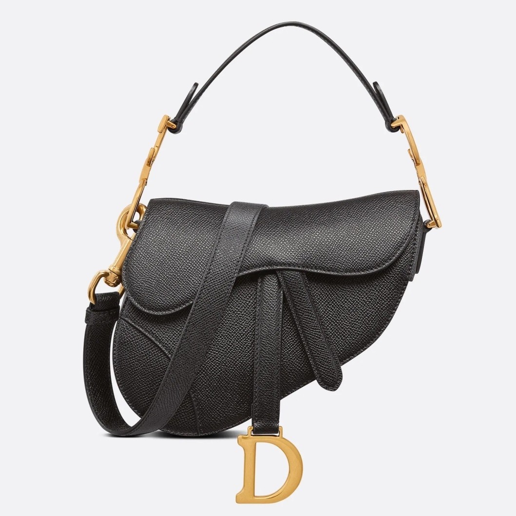 Dior Saddle Mini Bag with Strap in Black Grained Calfskin 479