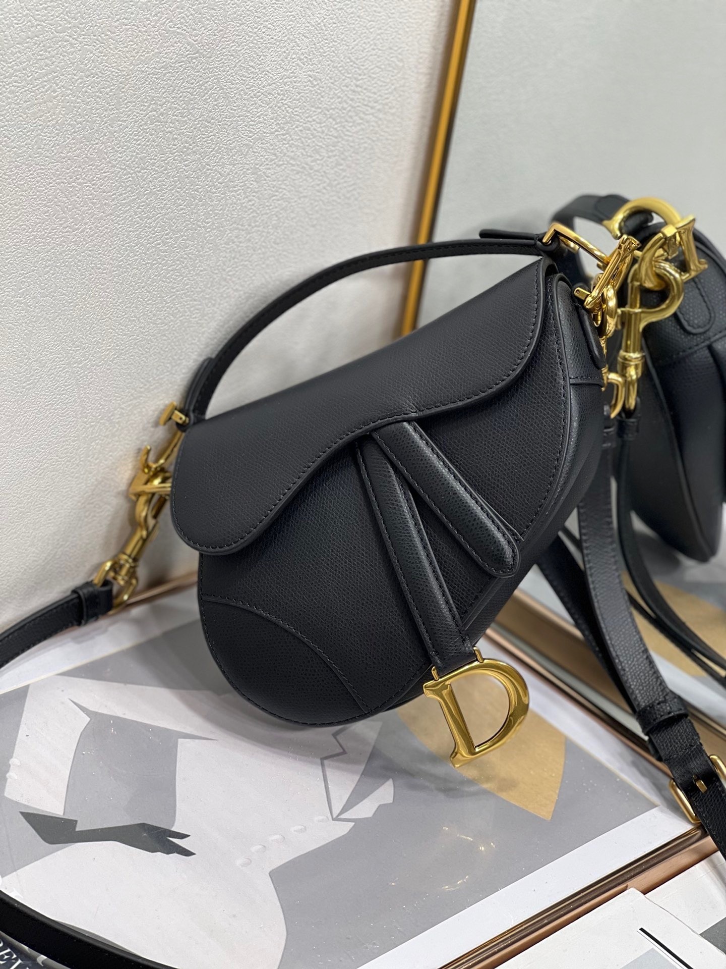 Dior Saddle Mini Bag with Strap in Black Grained Calfskin 479