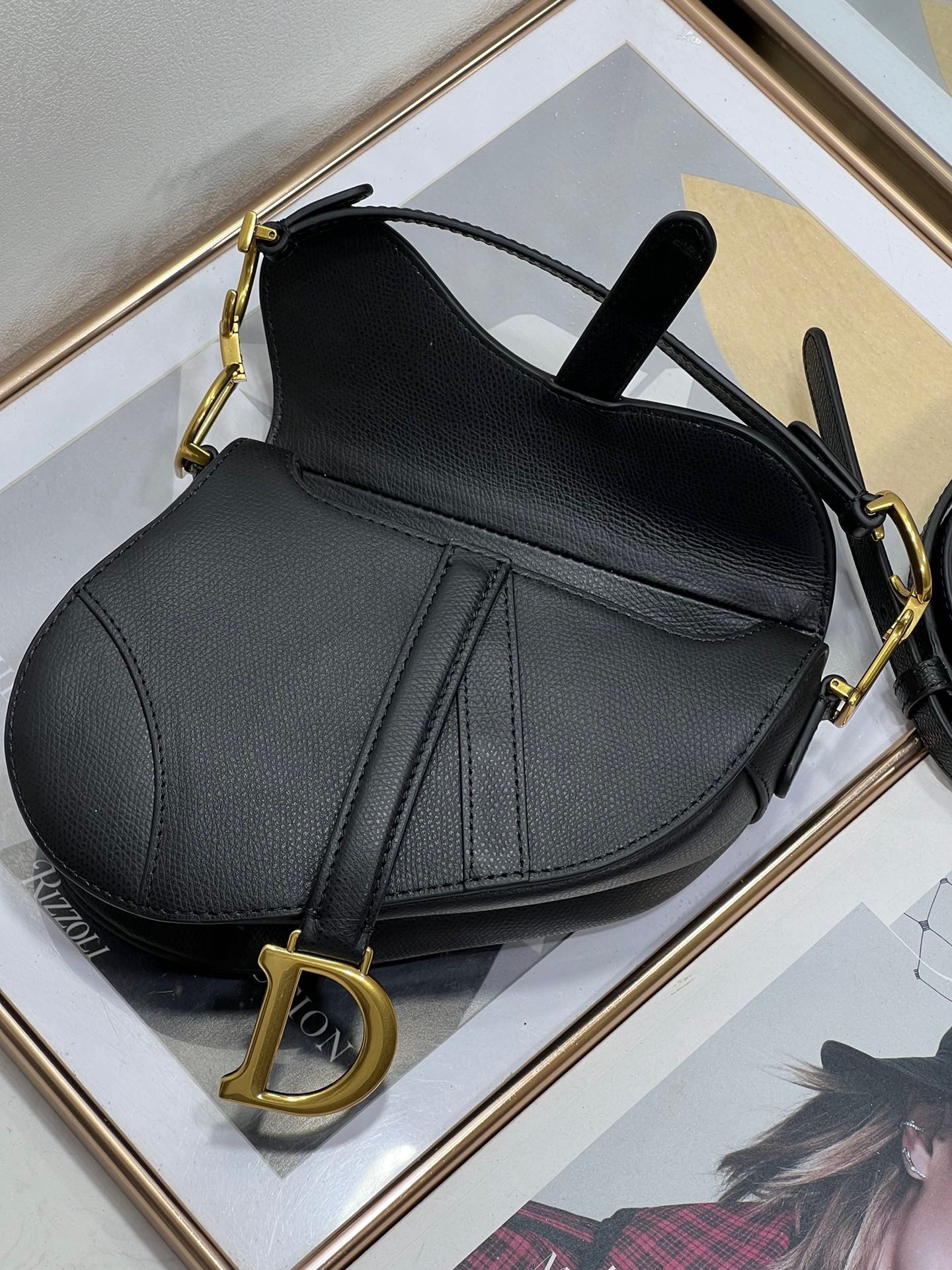 Dior Saddle Mini Bag with Strap in Black Grained Calfskin 479