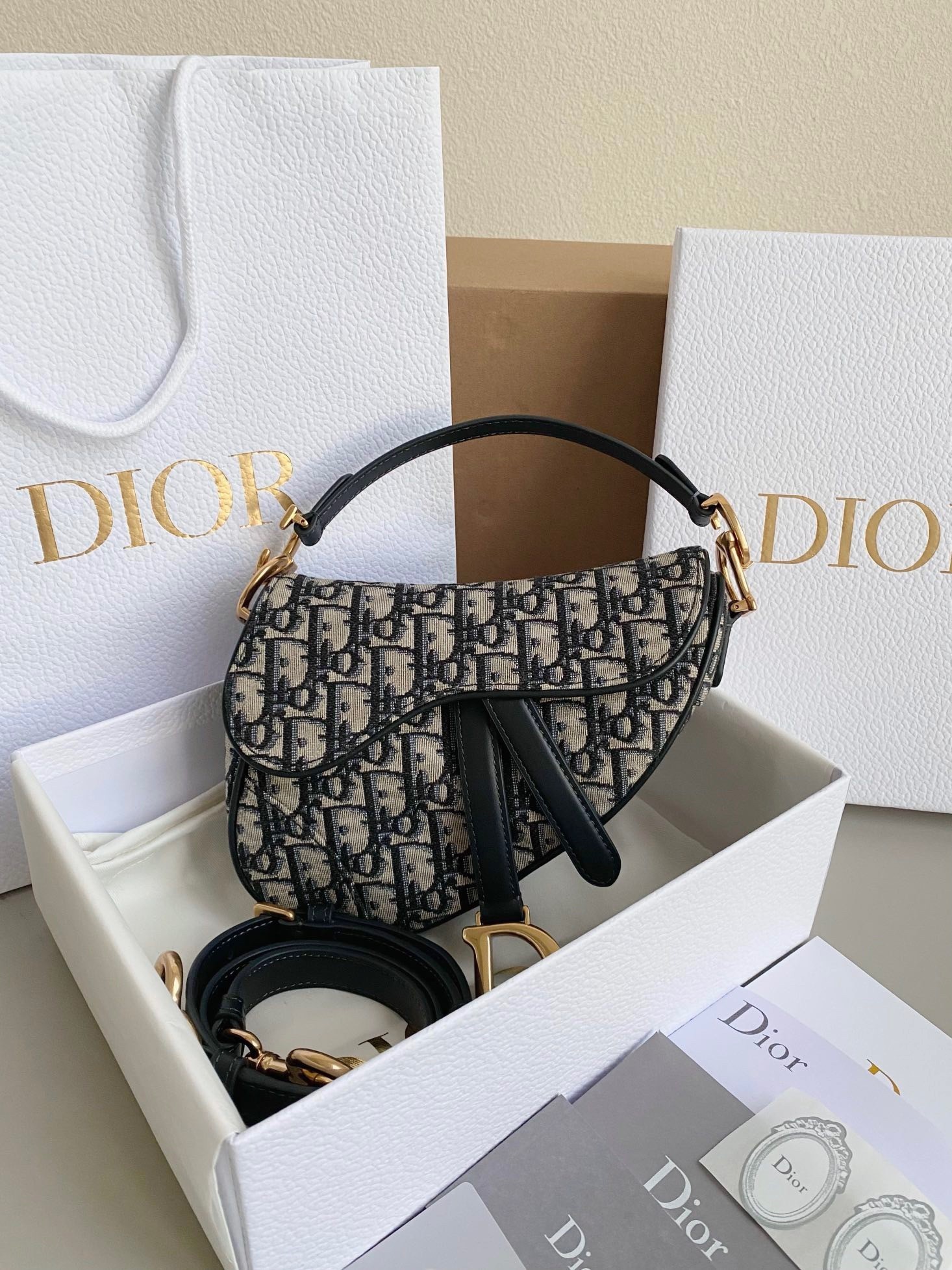 Dior Saddle Mini Bag with Strap in Blue Oblique Jacquard 744