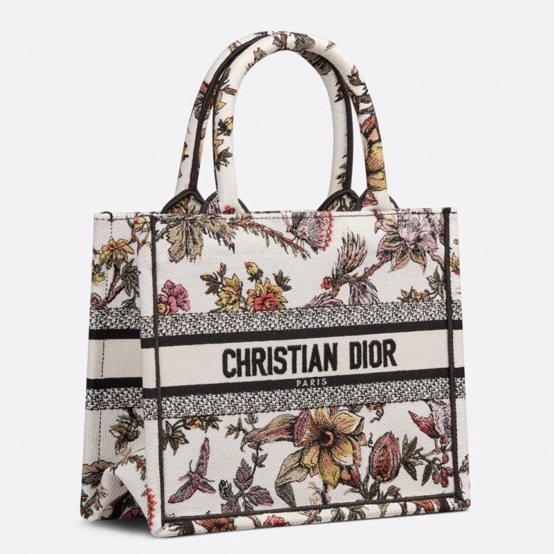 Dior Small Book Tote Bag In White Multicolor Jardin Botanique Embroidery 337