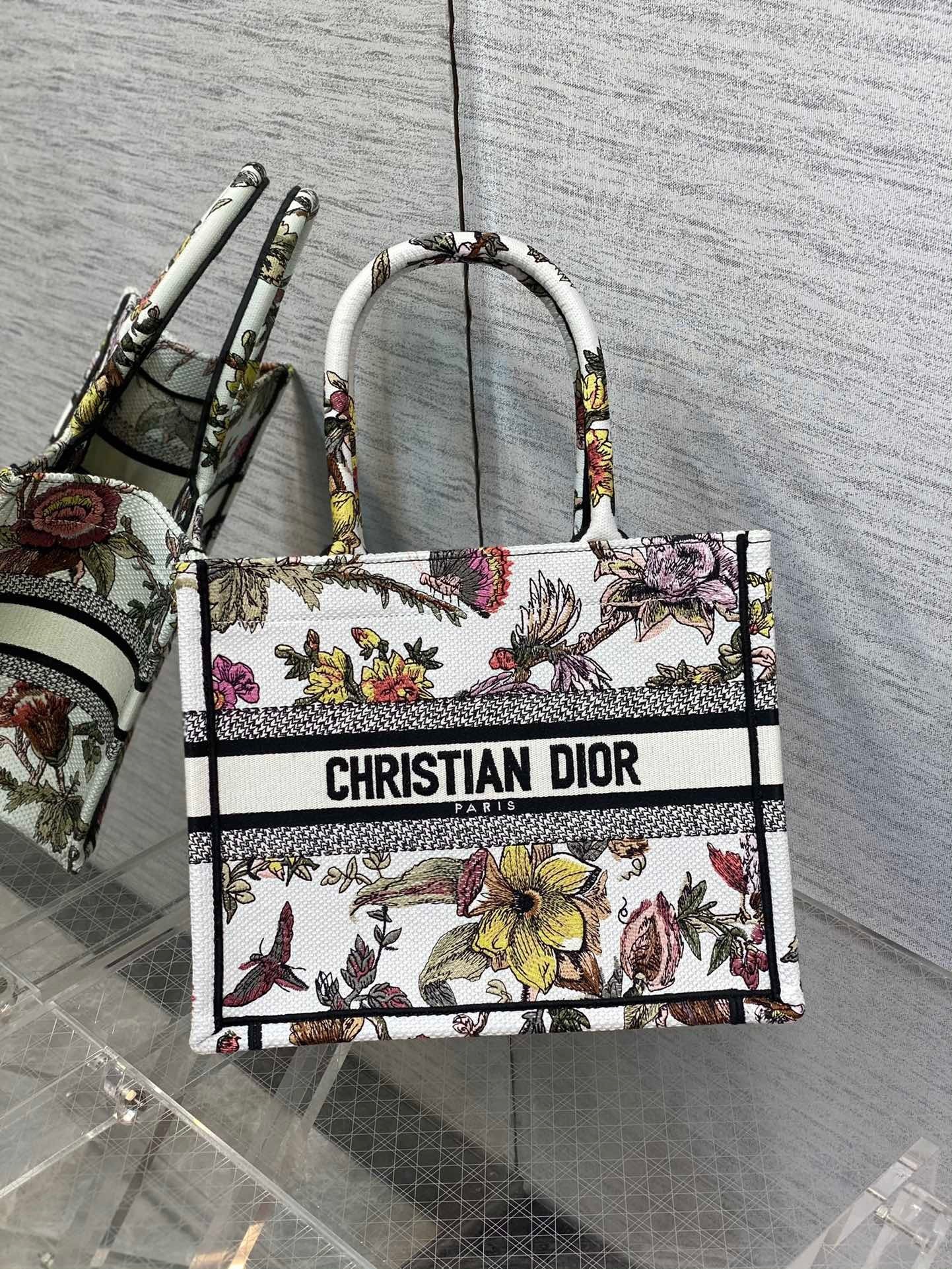 Dior Small Book Tote Bag In White Multicolor Jardin Botanique Embroidery 337