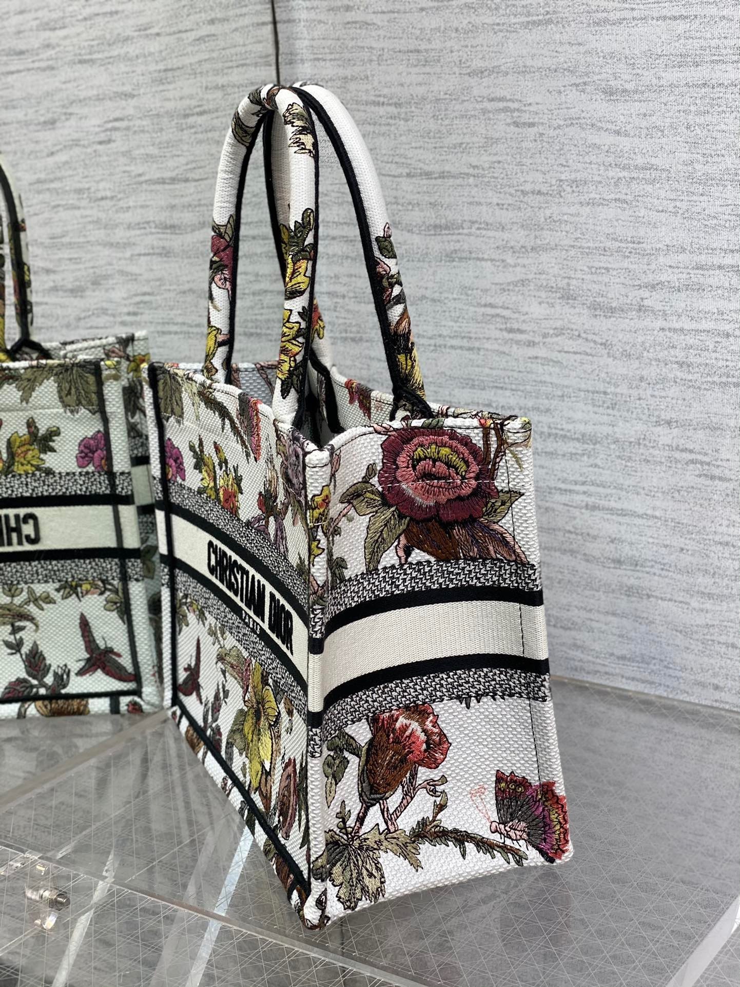 Dior Small Book Tote Bag In White Multicolor Jardin Botanique Embroidery 337