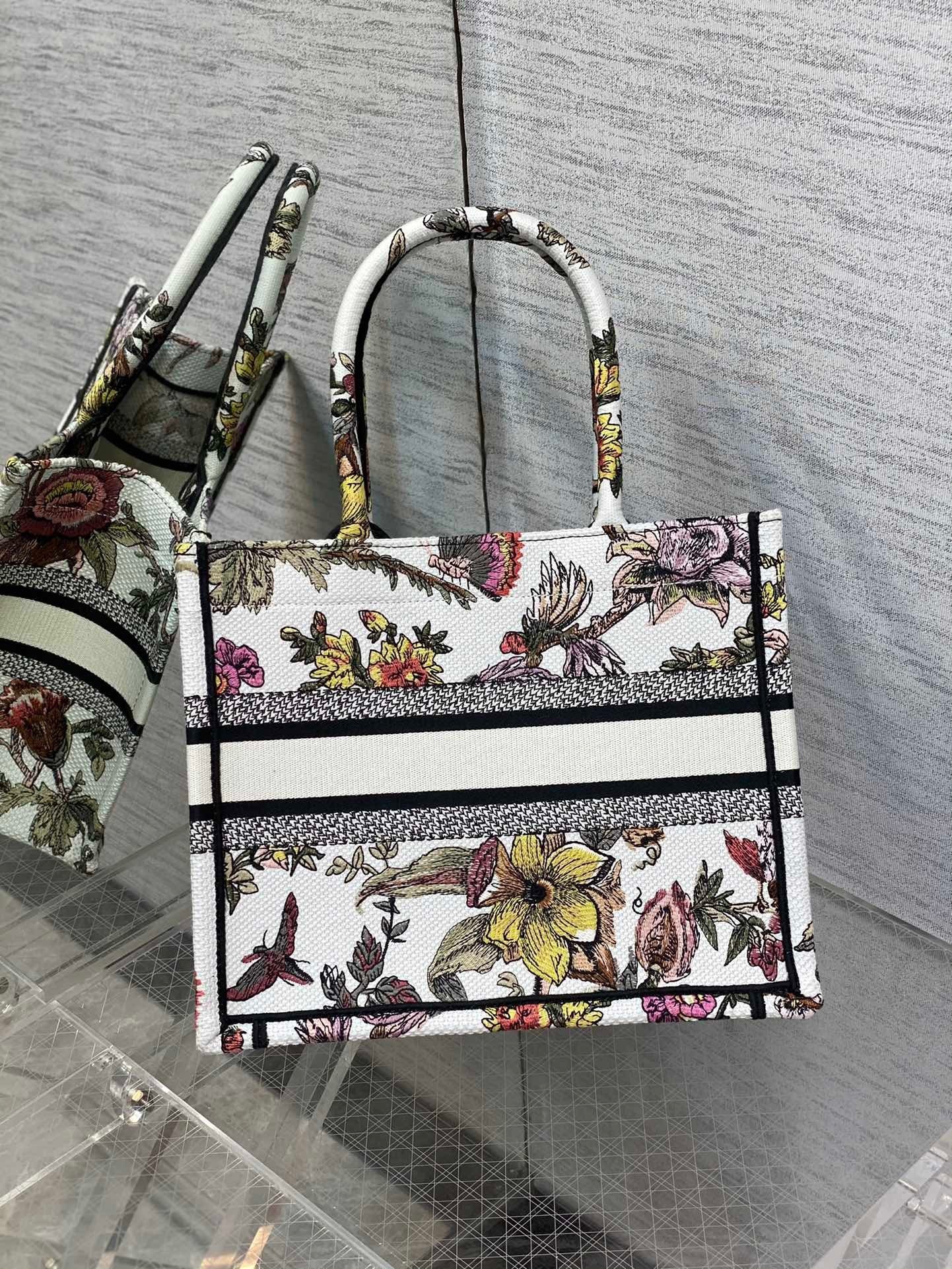 Dior Small Book Tote Bag In White Multicolor Jardin Botanique Embroidery 337