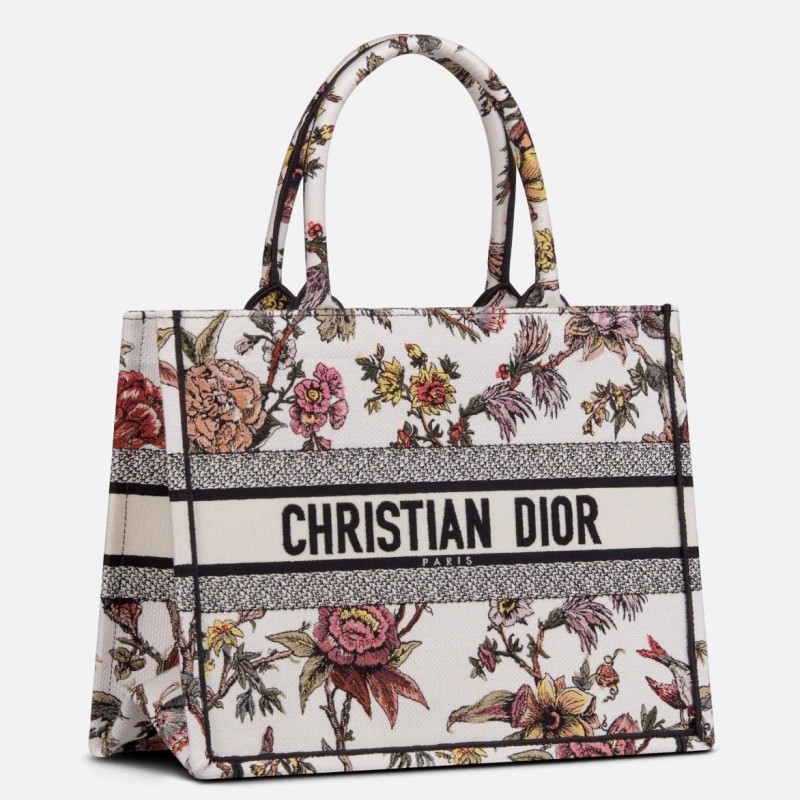 Dior Medium Book Tote Bag In White Multicolor Jardin Botanique Embroidery 386