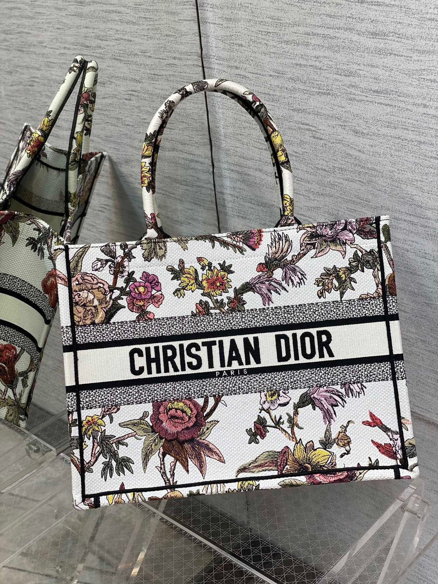 Dior Medium Book Tote Bag In White Multicolor Jardin Botanique Embroidery 386