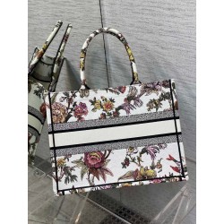 Dior Medium Book Tote Bag In White Multicolor Jardin Botanique Embroidery 386