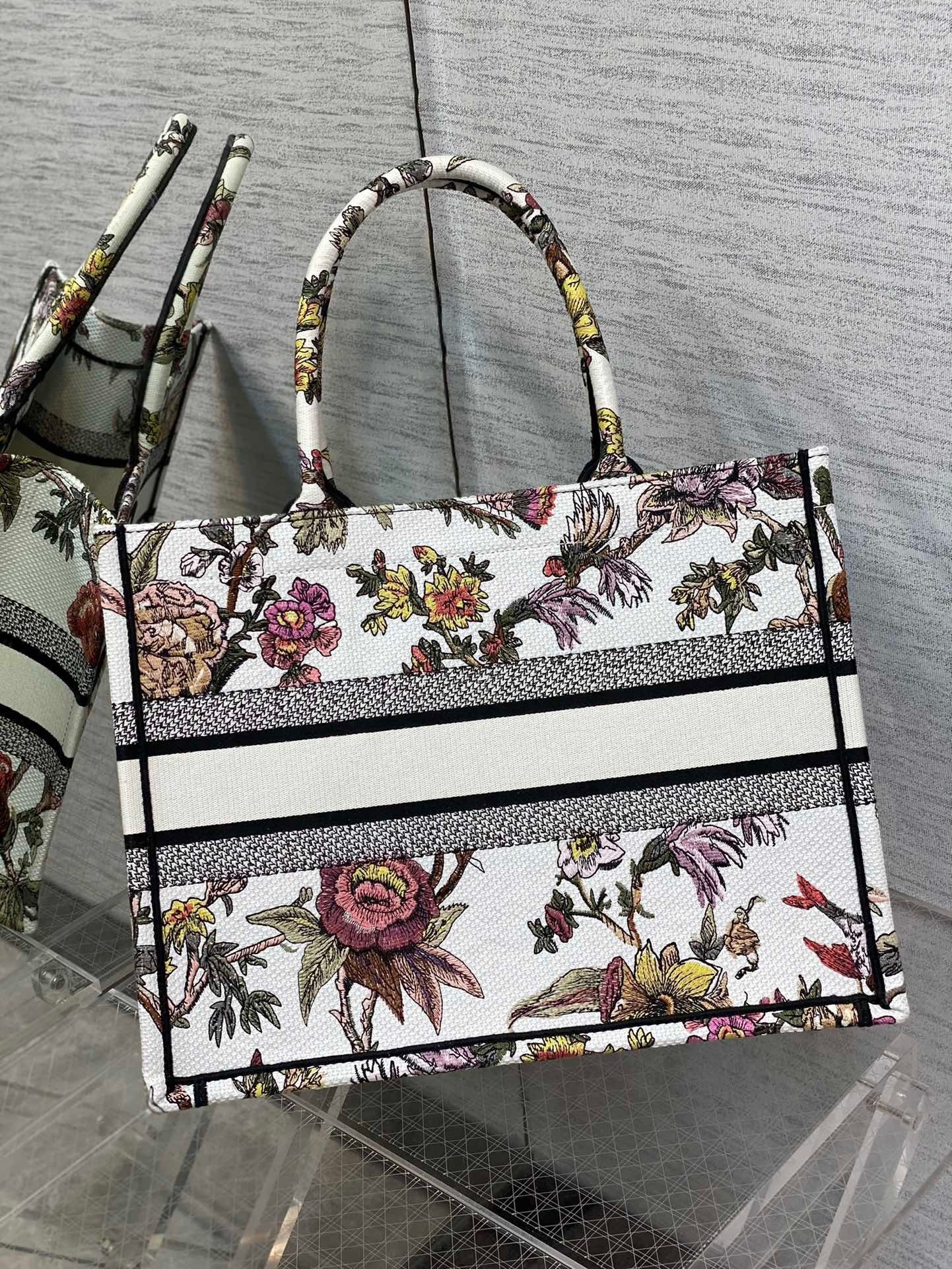 Dior Medium Book Tote Bag In White Multicolor Jardin Botanique Embroidery 386