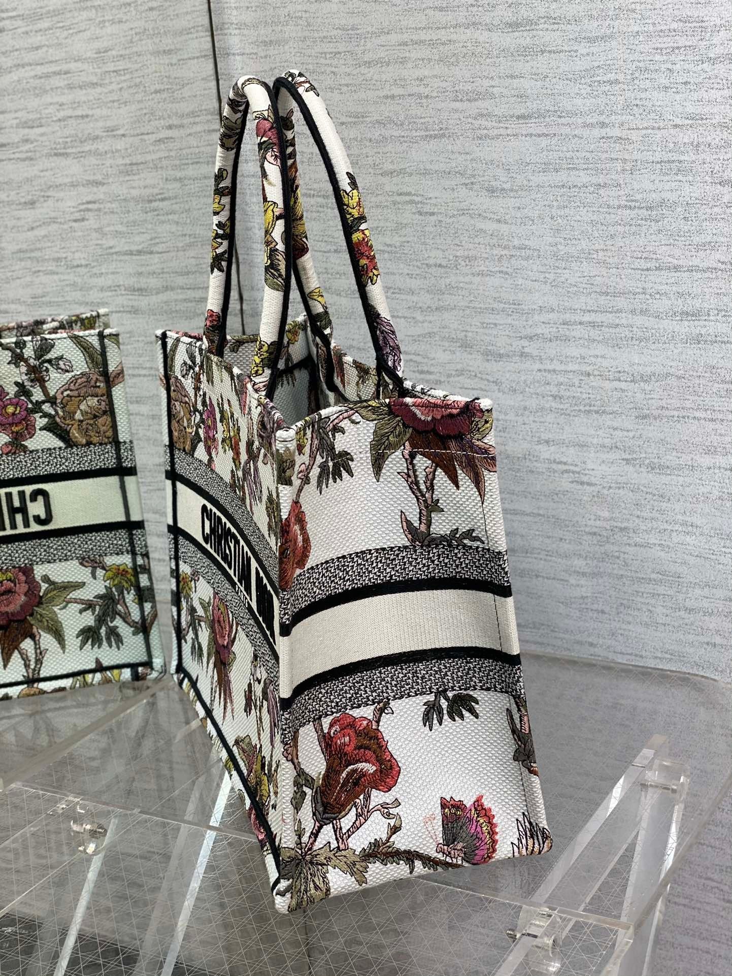 Dior Medium Book Tote Bag In White Multicolor Jardin Botanique Embroidery 386