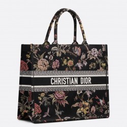 Dior Large Book Tote Bag In Black Multicolor Jardin Botanique Embroidery 424