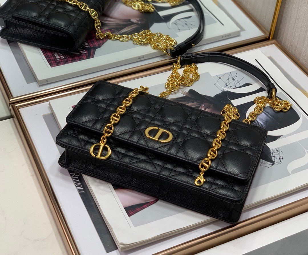 Dior Caro Chain Pouch In Black Cannage Calfskin 559