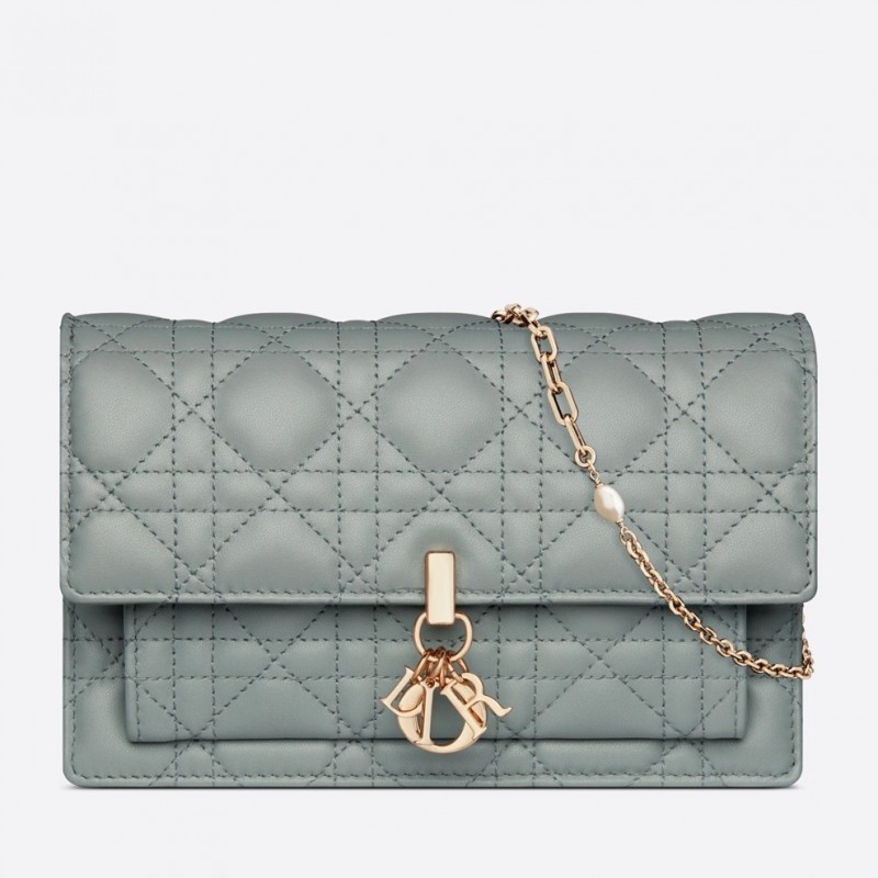 Dior Lady Dior Chain Pouch In Grey Cannage Lambskin 618