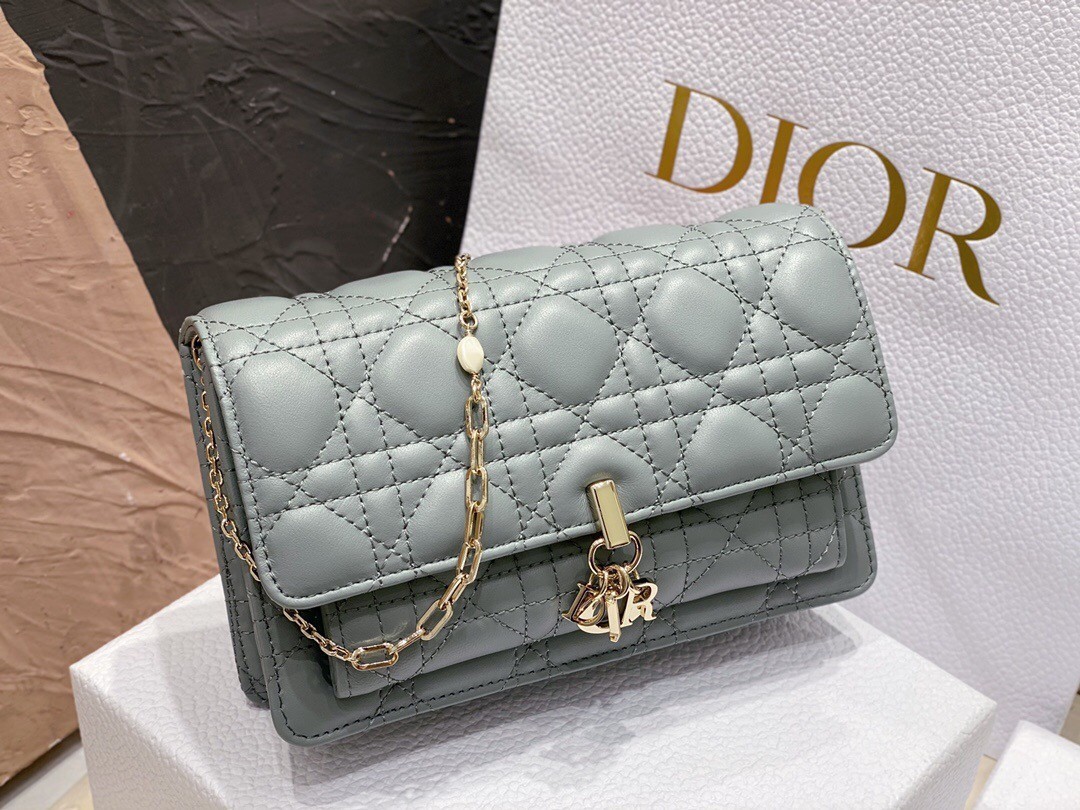 Dior Lady Dior Chain Pouch In Grey Cannage Lambskin 618