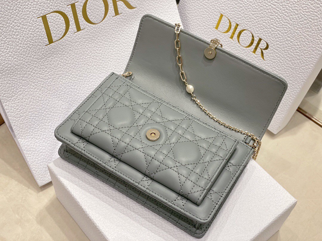 Dior Lady Dior Chain Pouch In Grey Cannage Lambskin 618