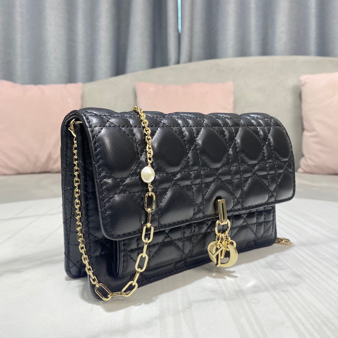 Dior Lady Dior Chain Pouch In Black Cannage Lambskin 645