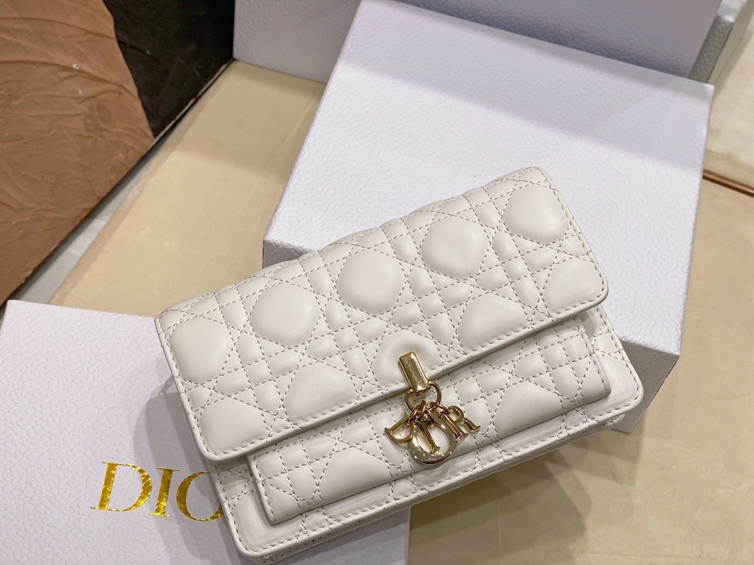 Dior Lady Dior Chain Pouch In White Cannage Lambskin 675