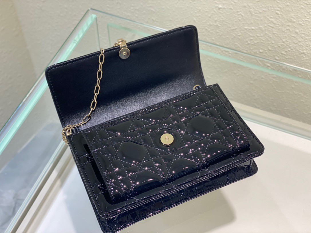 Dior Lady Dior Chain Pouch In Black Patent Calfskin 709