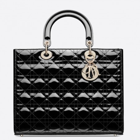 Dior Large Lady Dior Bag In Black Patent Cannage Calfskin 570
