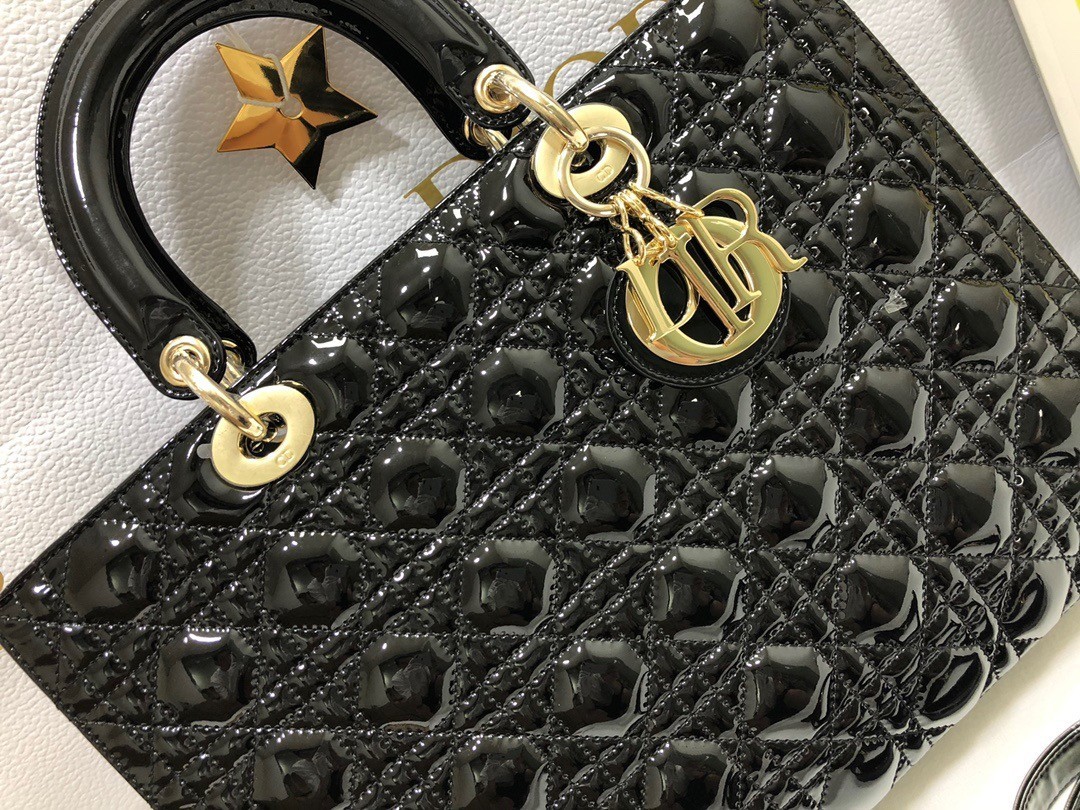 Dior Large Lady Dior Bag In Black Patent Cannage Calfskin 570