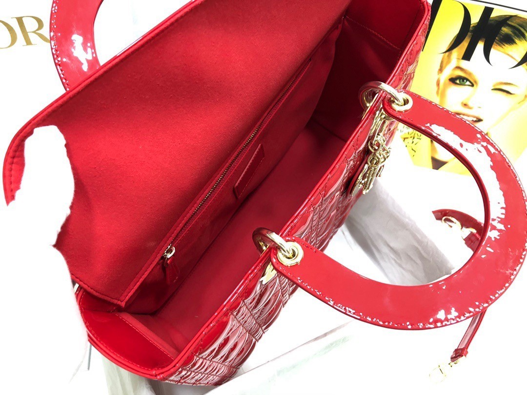 Dior Large Lady Dior Bag In Red Patent Cannage Calfskin 599