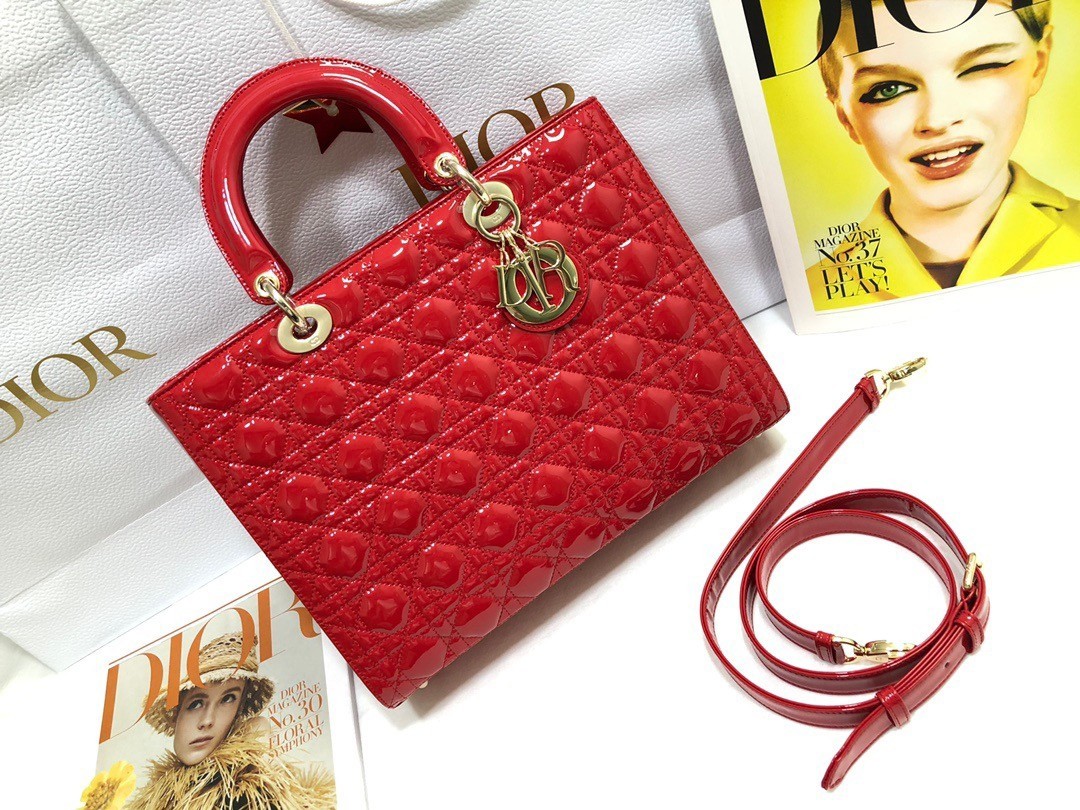 Dior Large Lady Dior Bag In Red Patent Cannage Calfskin 599