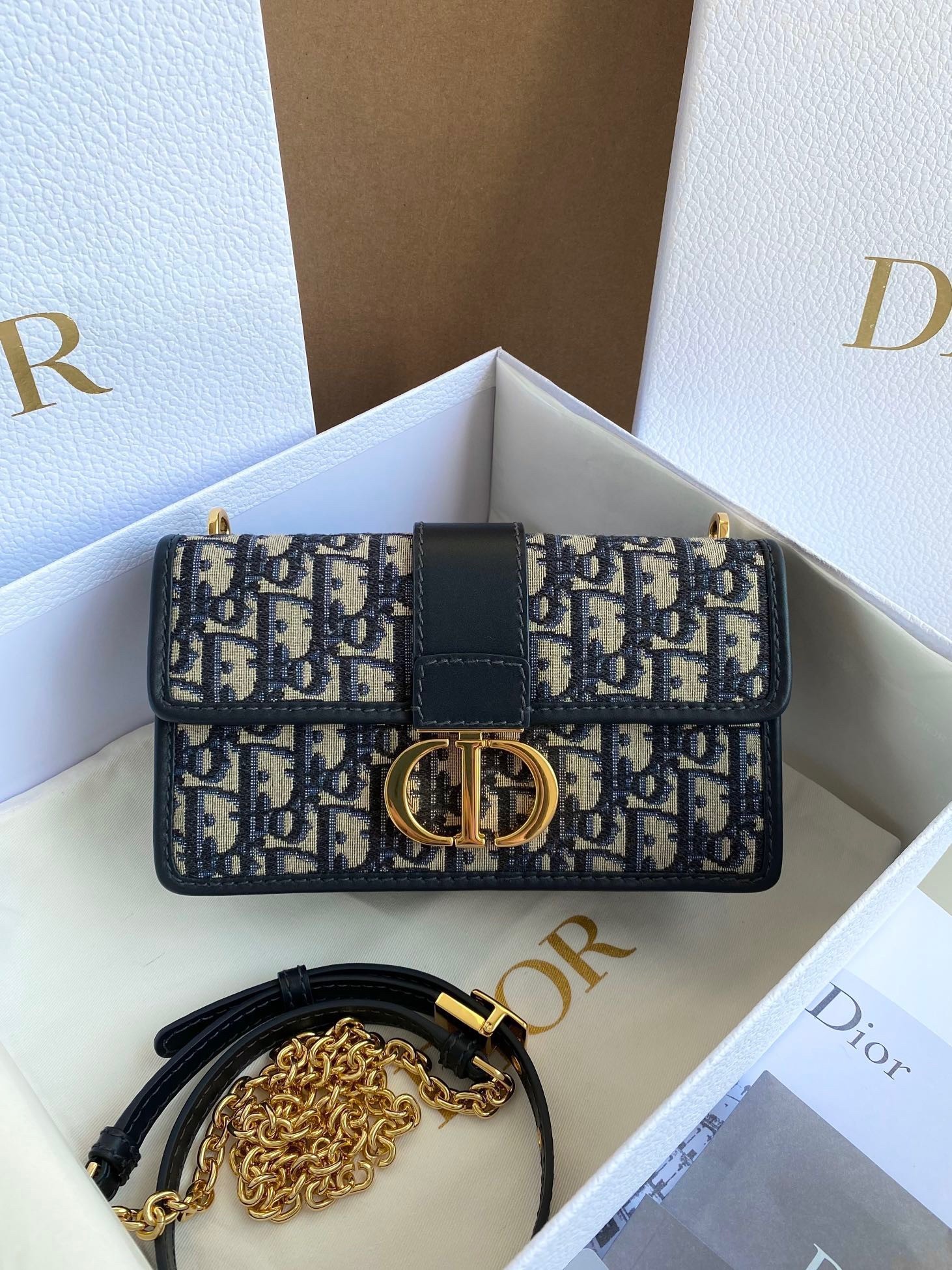 Dior 30 Montaigne East-West Bag with Chain in Blue Oblique Jacquard 527