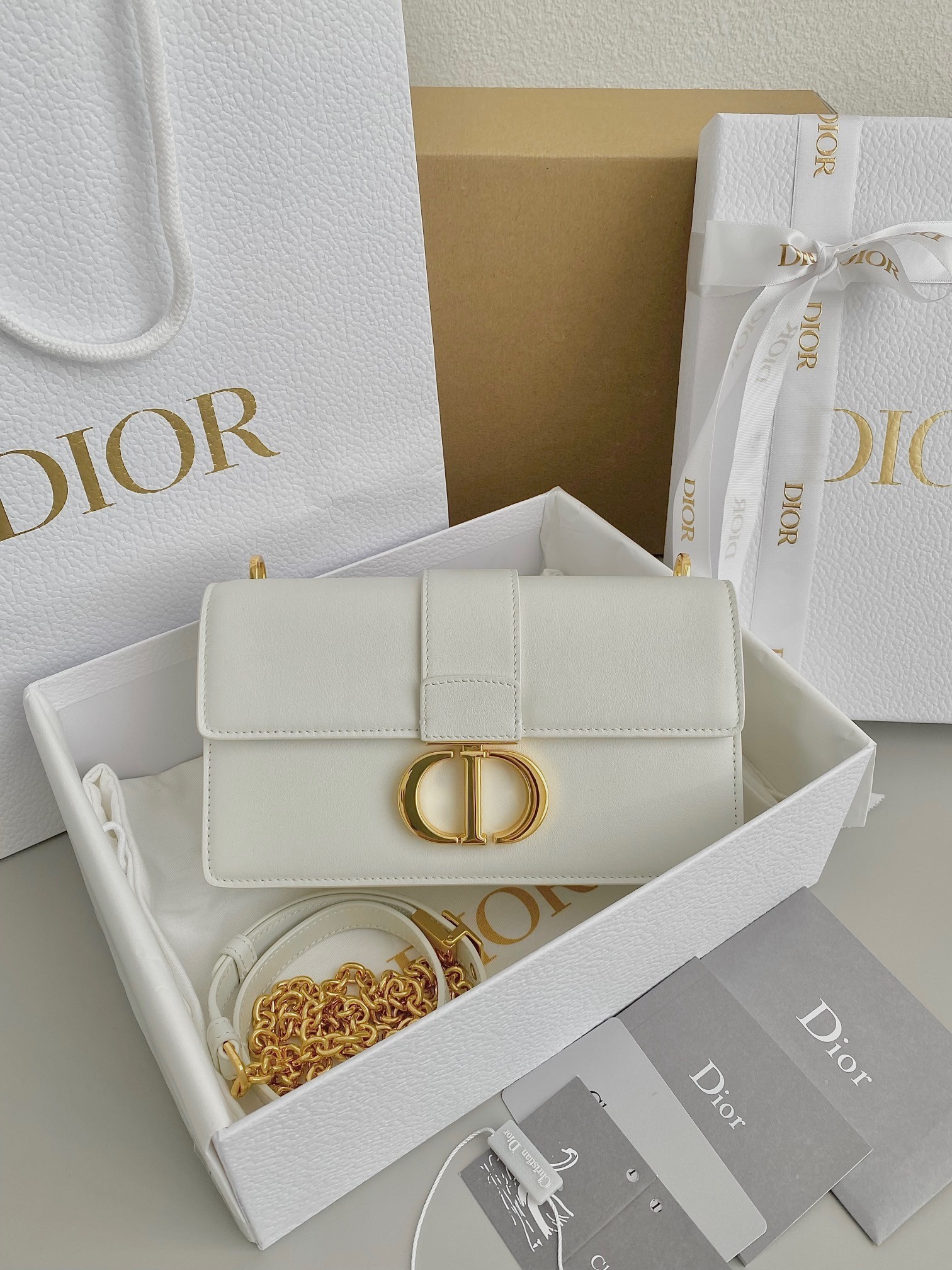 Dior 30 Montaigne East-West Bag with Chain in White Calfskin 548