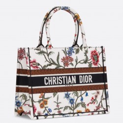 Dior Medium Book Tote Bag In White Dior Petites Fleurs Embroidery 656