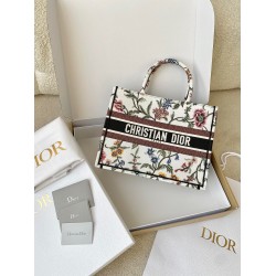 Dior Medium Book Tote Bag In White Dior Petites Fleurs Embroidery 656