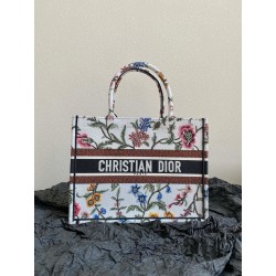 Dior Medium Book Tote Bag In White Dior Petites Fleurs Embroidery 656