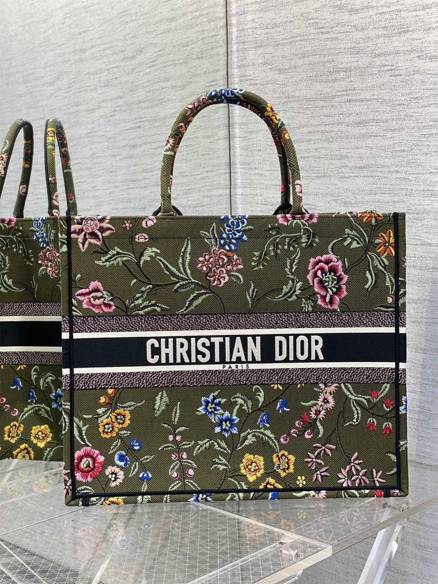 Dior Large Book Tote Bag In Green Dior Petites Fleurs Embroidery 746