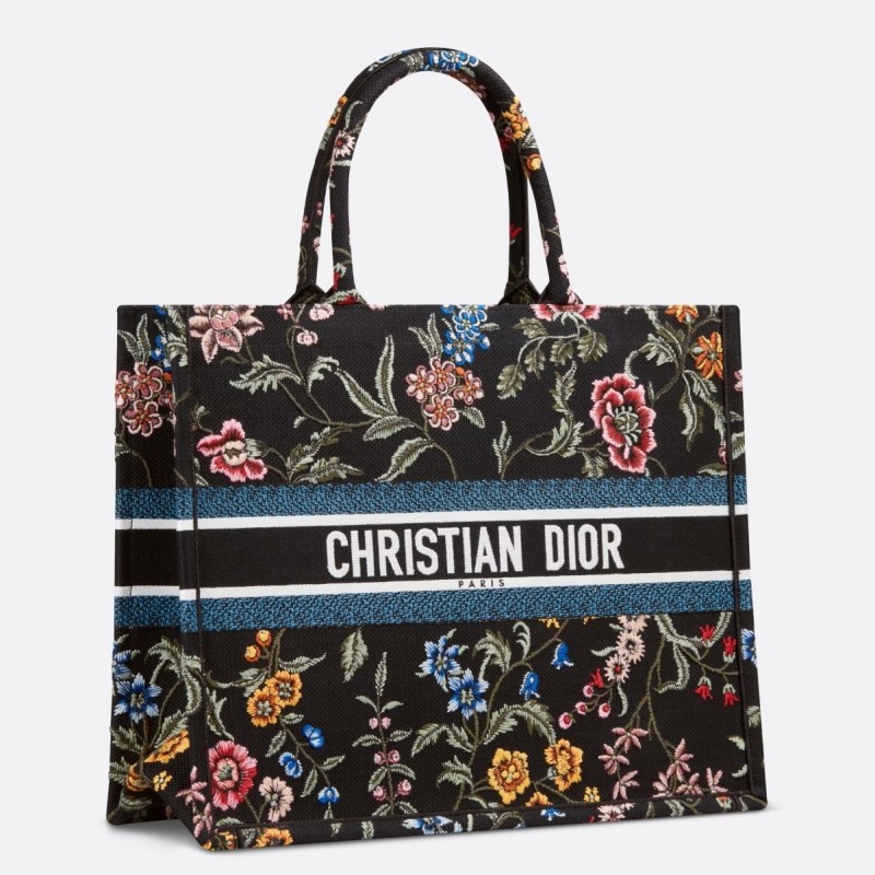 Dior Large Book Tote Bag In Black Dior Petites Fleurs Embroidery 763