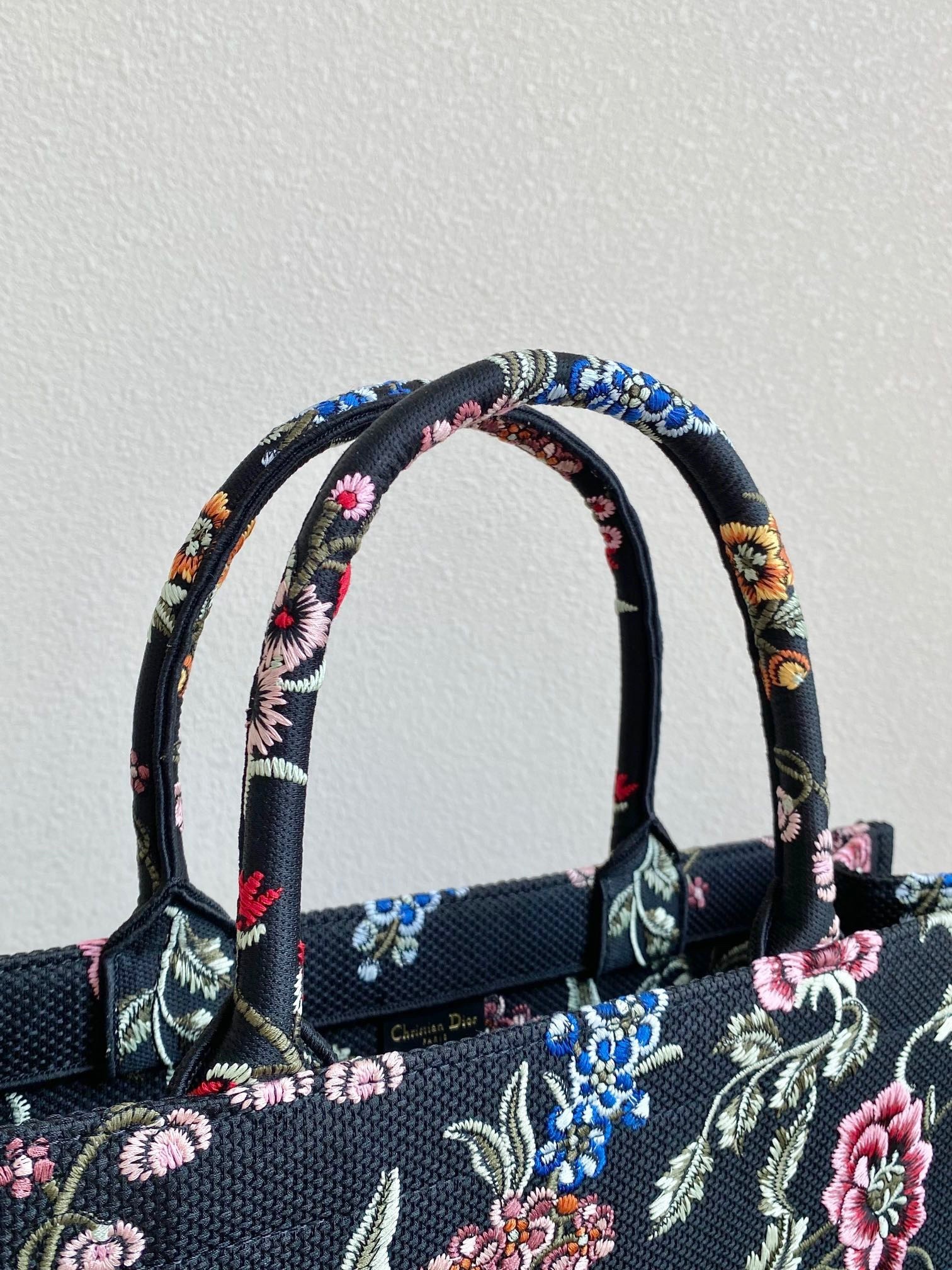 Dior Large Book Tote Bag In Black Dior Petites Fleurs Embroidery 763