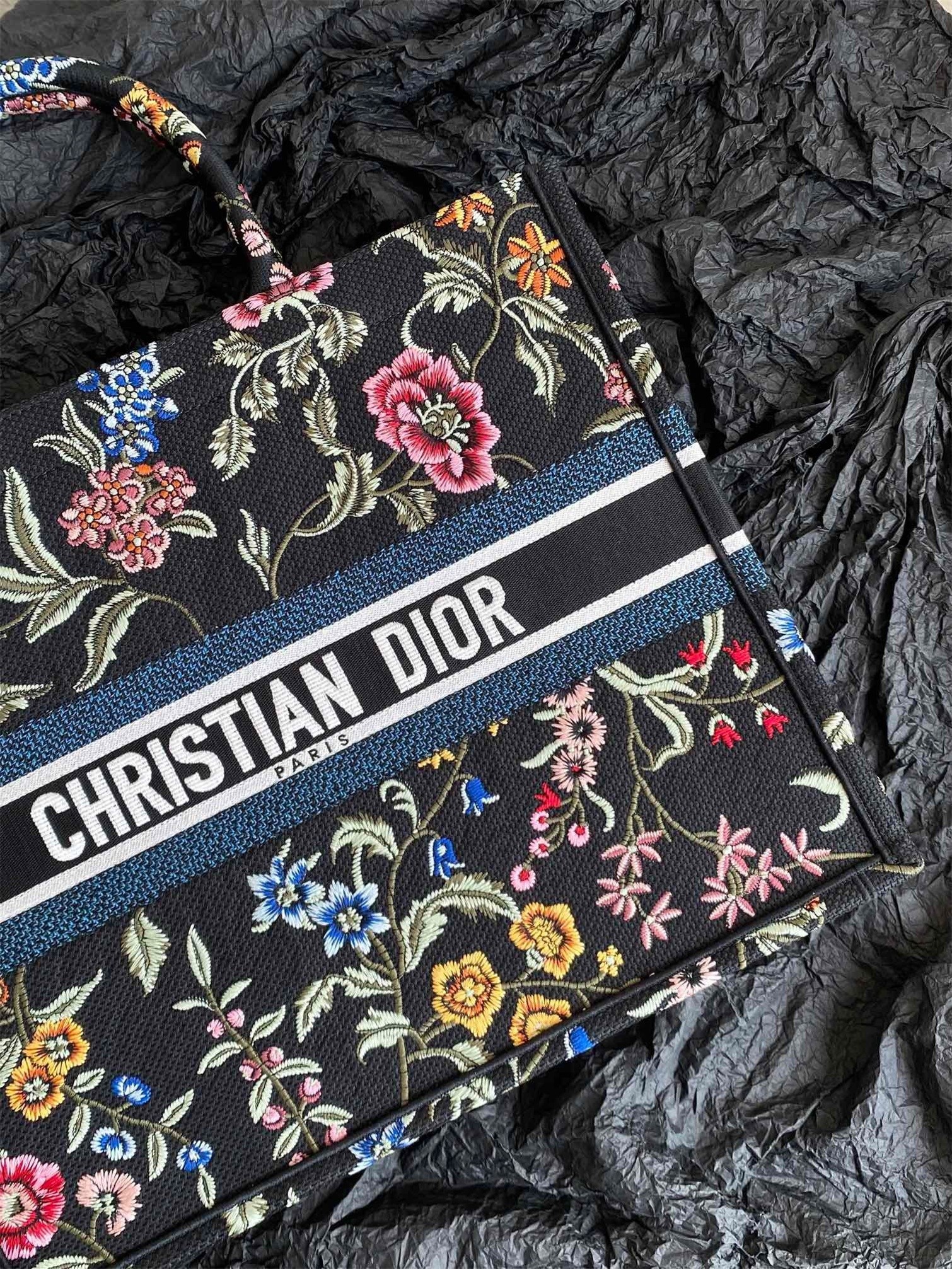 Dior Large Book Tote Bag In Black Dior Petites Fleurs Embroidery 763