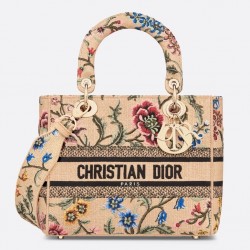 Dior Lady D-Lite Medium Bag In Beige Raffia Embroidered with Dior Petites Fleurs 685