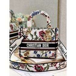 Dior Lady D-Lite Medium Bag In White Dior Petites Fleurs Embroidery 703