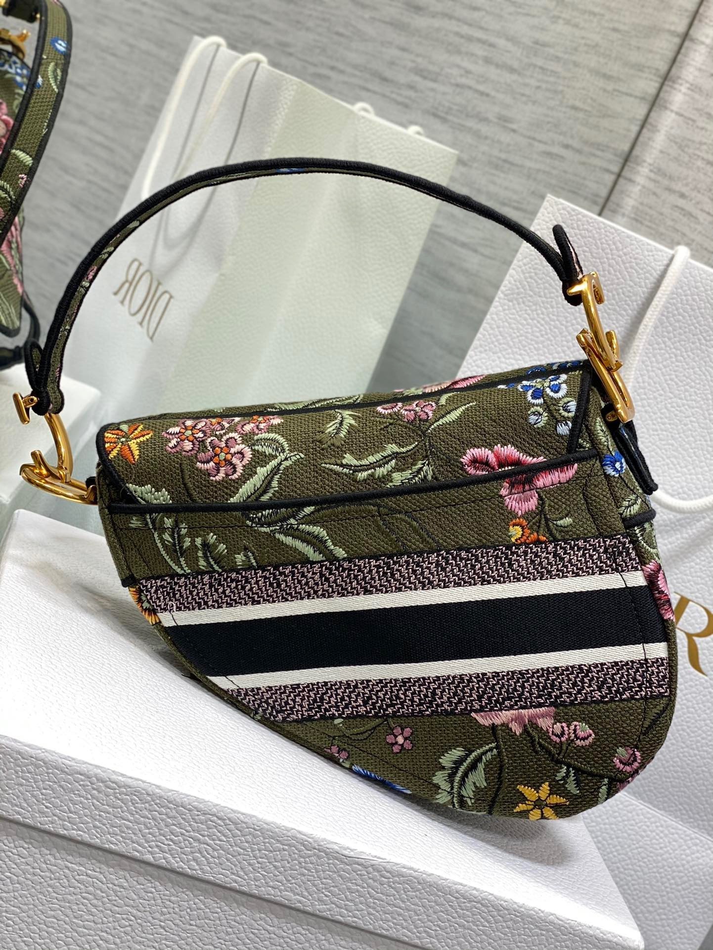 Dior Saddle Bag In Green Multicolor Dior Petites Fleurs Embroidery 095