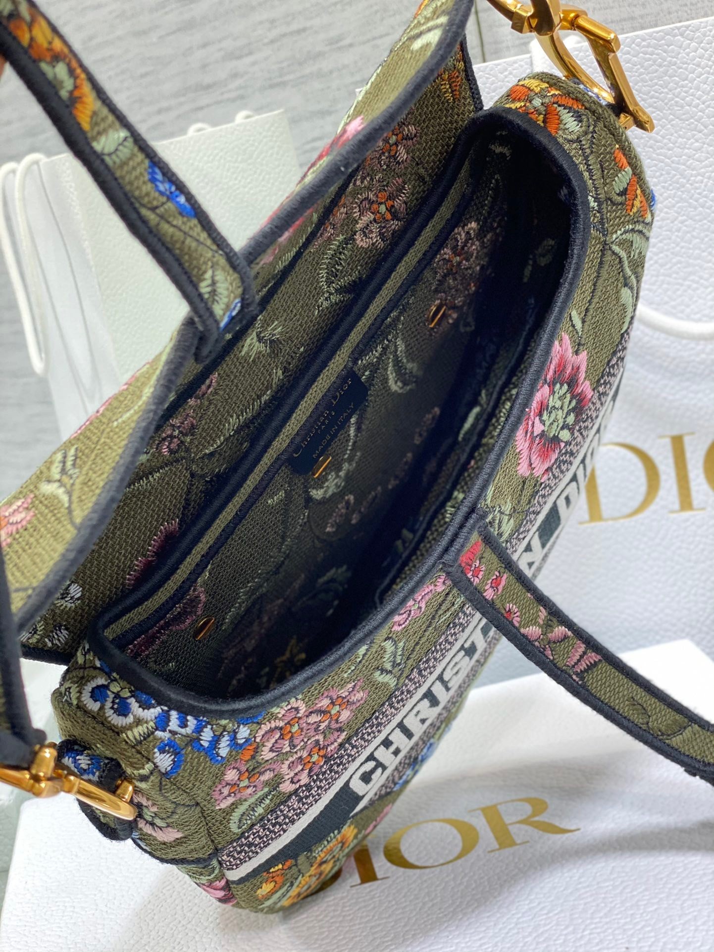 Dior Saddle Bag In Green Multicolor Dior Petites Fleurs Embroidery 095