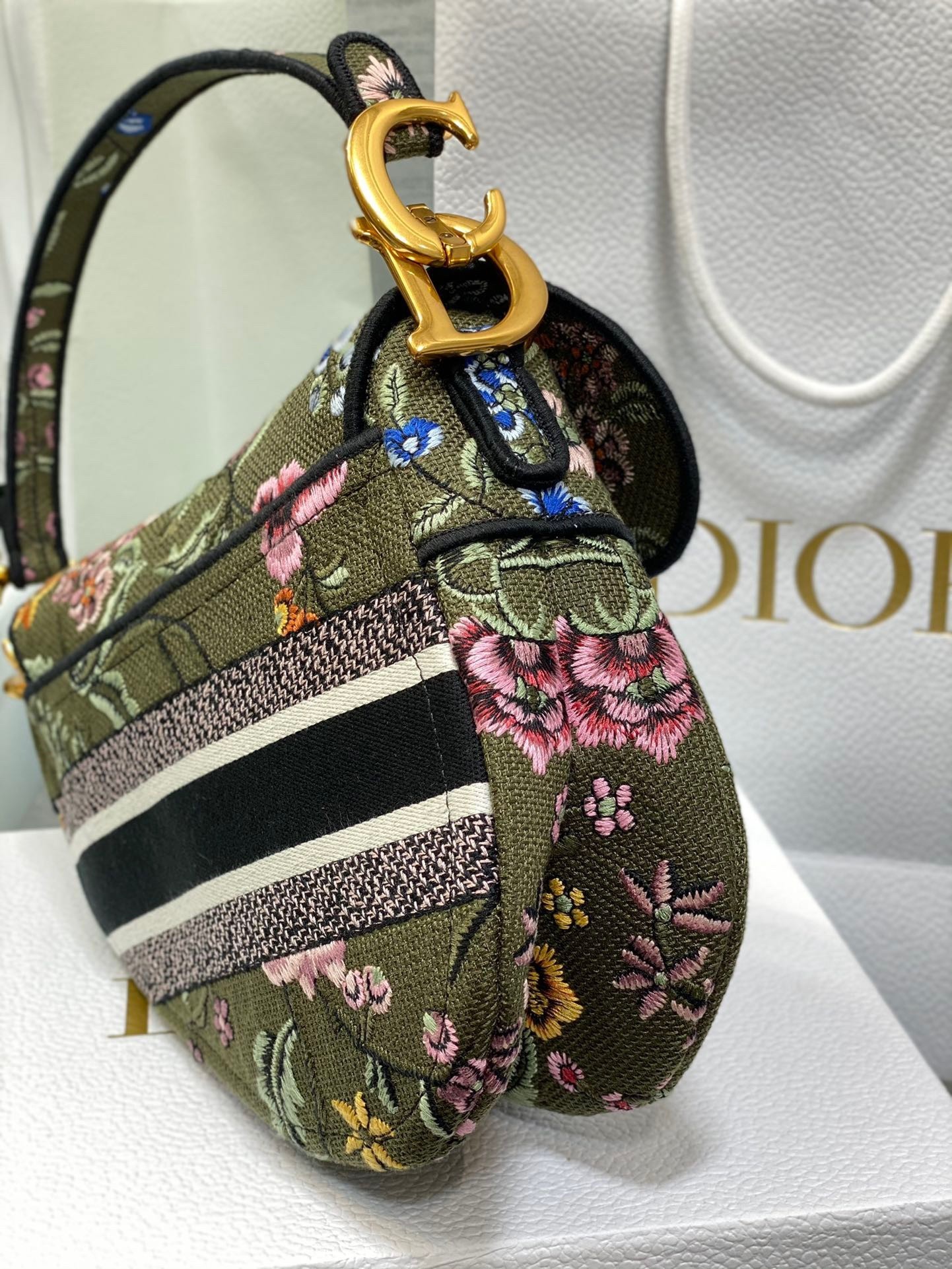 Dior Saddle Bag In Green Multicolor Dior Petites Fleurs Embroidery 095