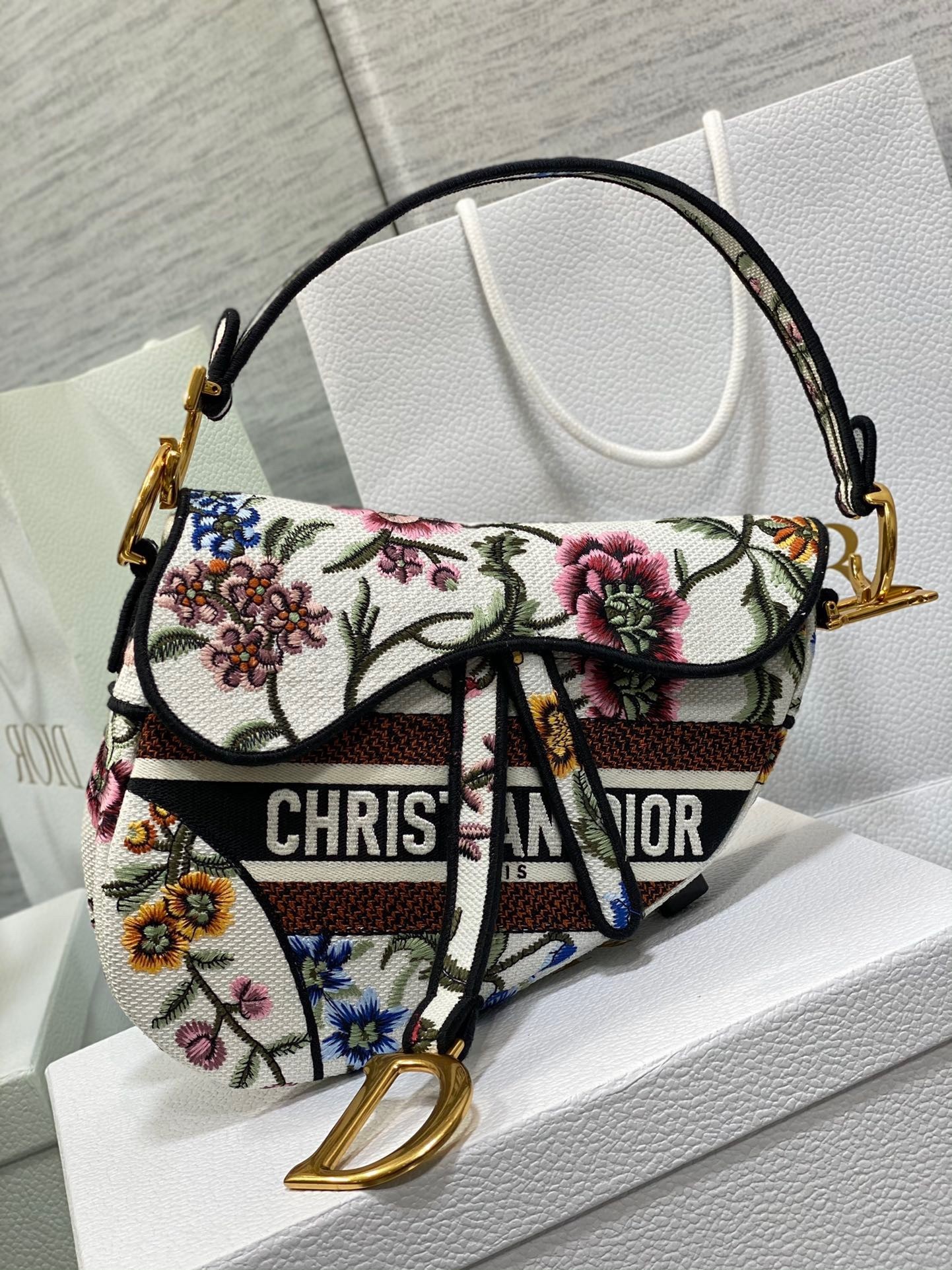 Dior Saddle Bag In White Multicolor Dior Petites Fleurs Embroidery 141