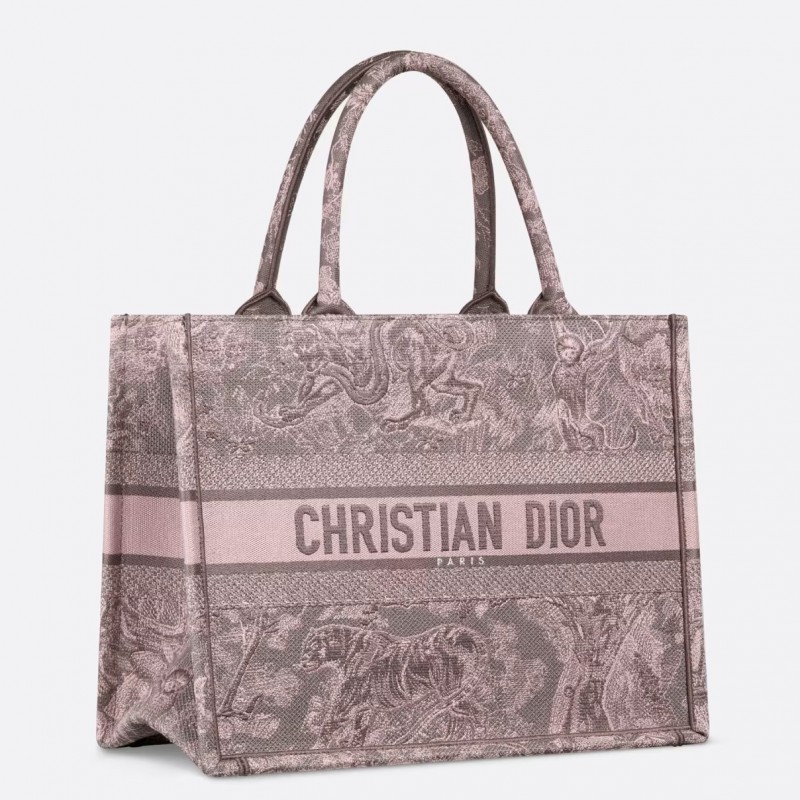 Dior Medium Book Tote Bag in Grey and Pink Toile de Jouy Reverse Embroidery 204