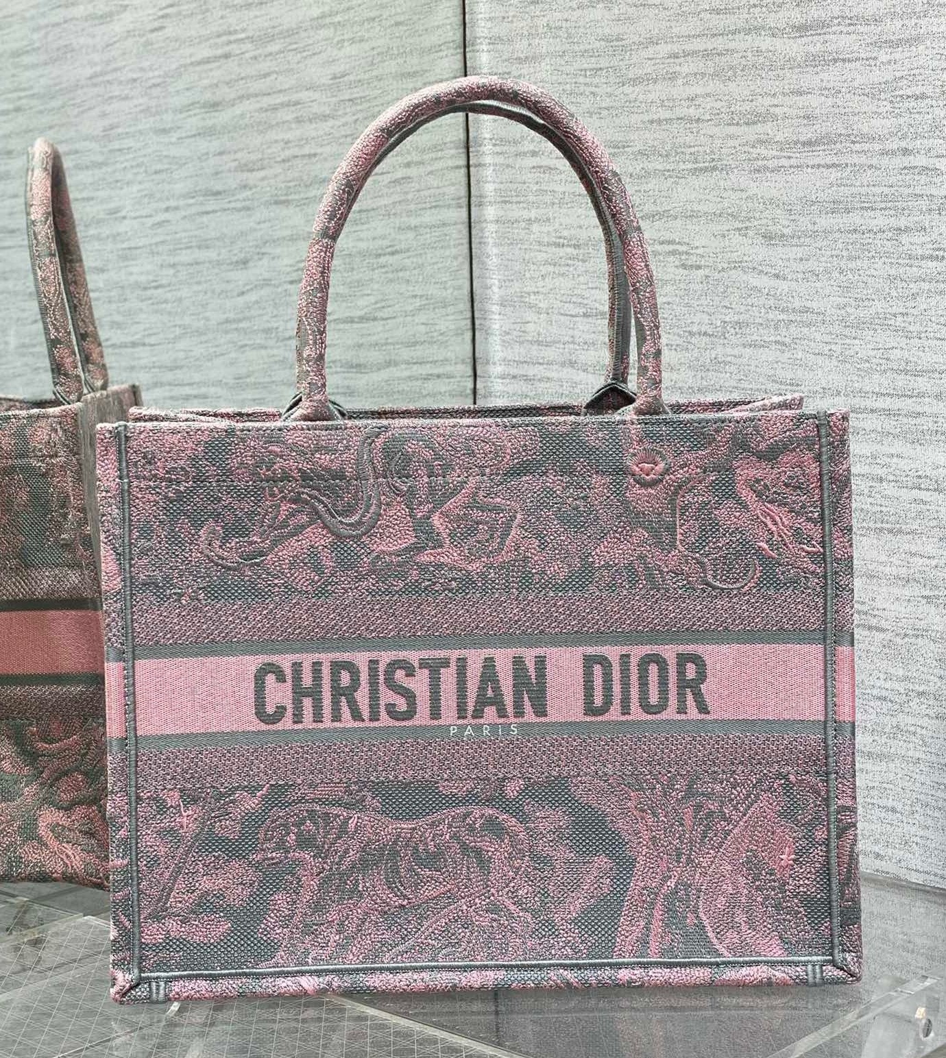 Dior Medium Book Tote Bag in Grey and Pink Toile de Jouy Reverse Embroidery 204