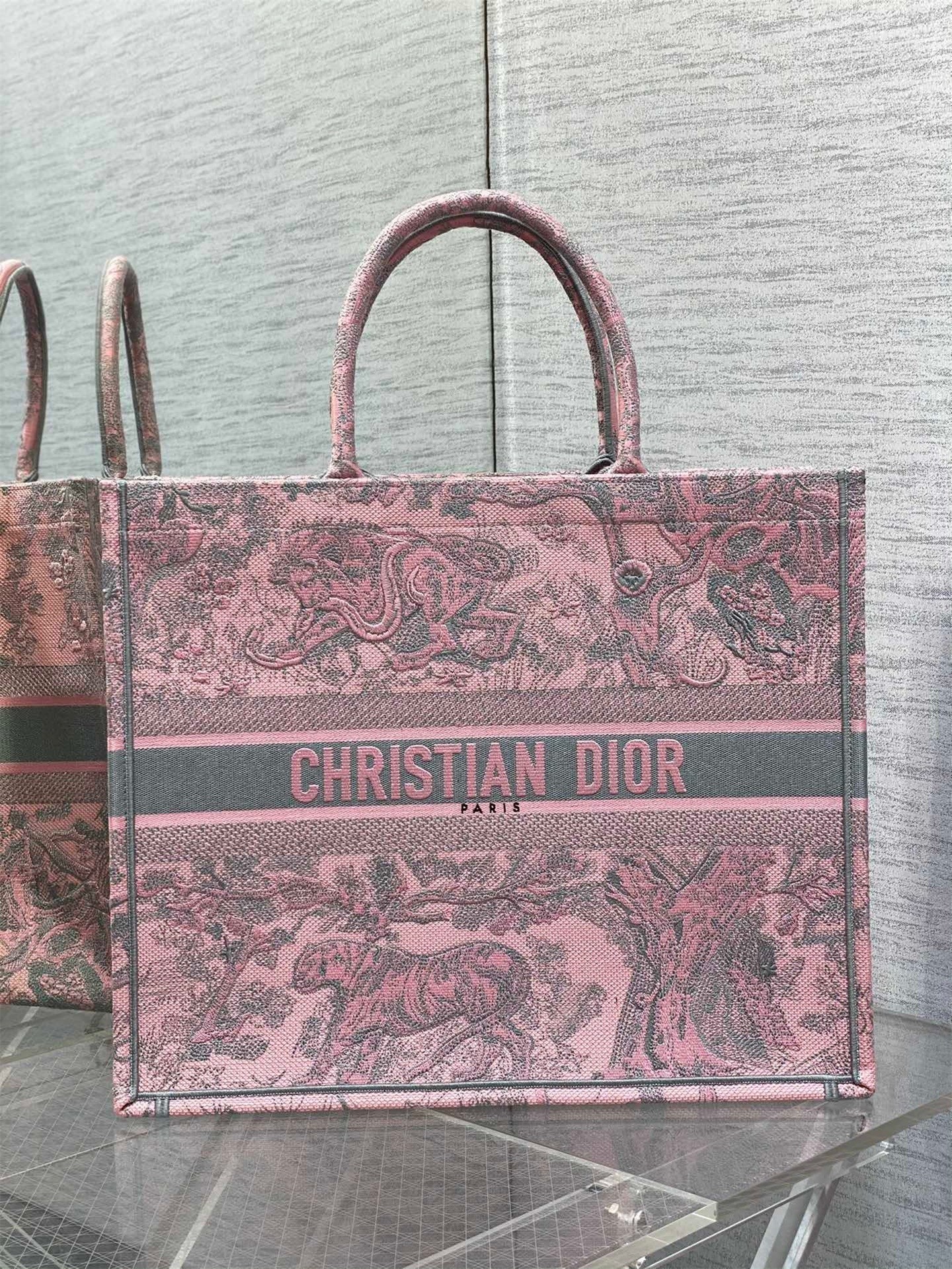 Dior Large Book Tote Bag in Pink and Gray Toile de Jouy Sauvage Embroidery 239