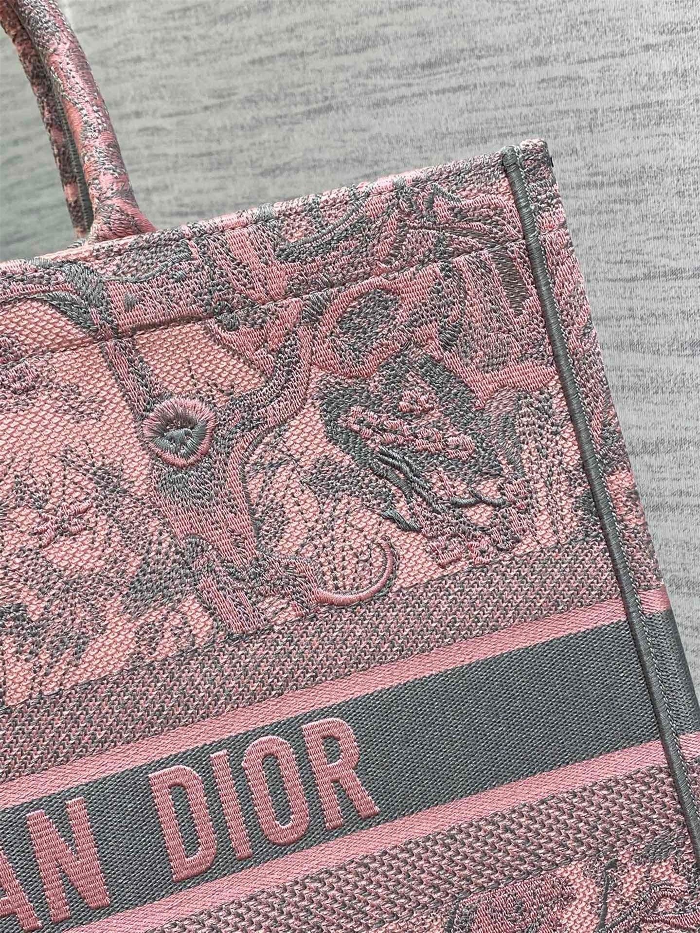 Dior Large Book Tote Bag in Pink and Gray Toile de Jouy Sauvage Embroidery 239