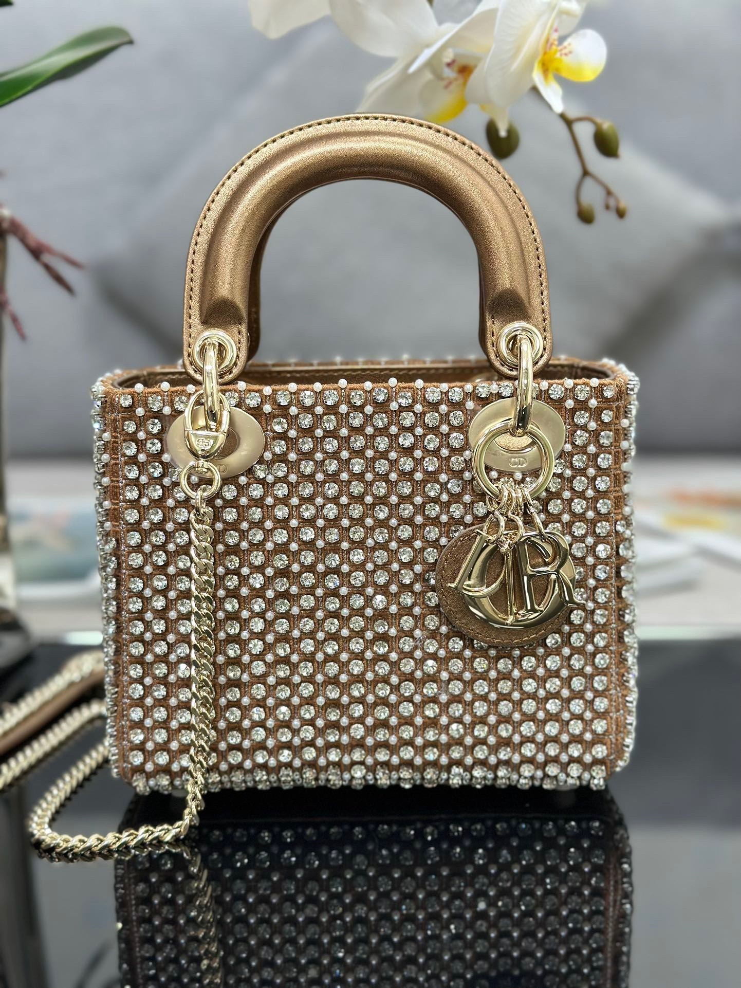 Dior Lady Dior Mini Chain Bag in Square with Strass and Beads 500