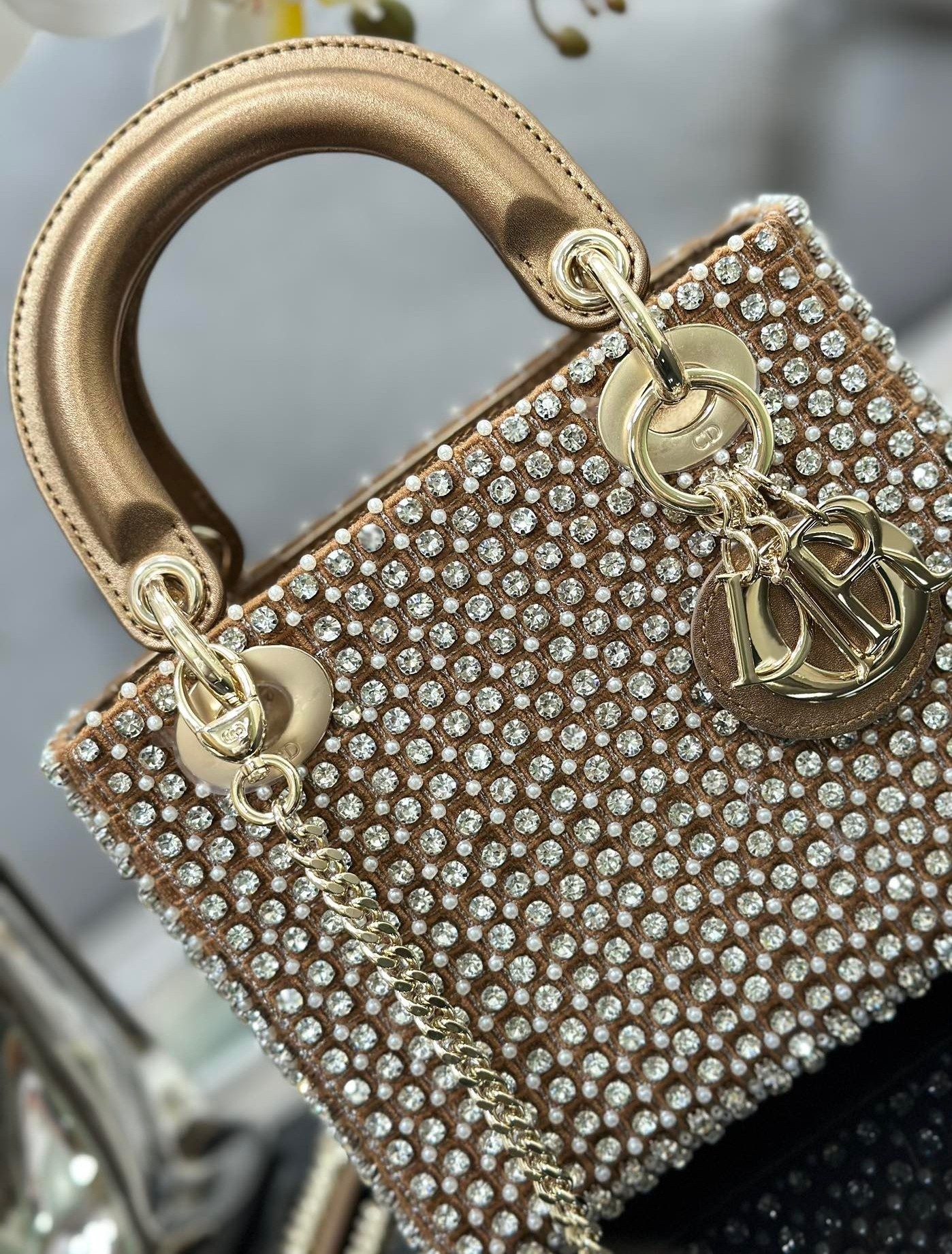 Dior Lady Dior Mini Chain Bag in Square with Strass and Beads 500